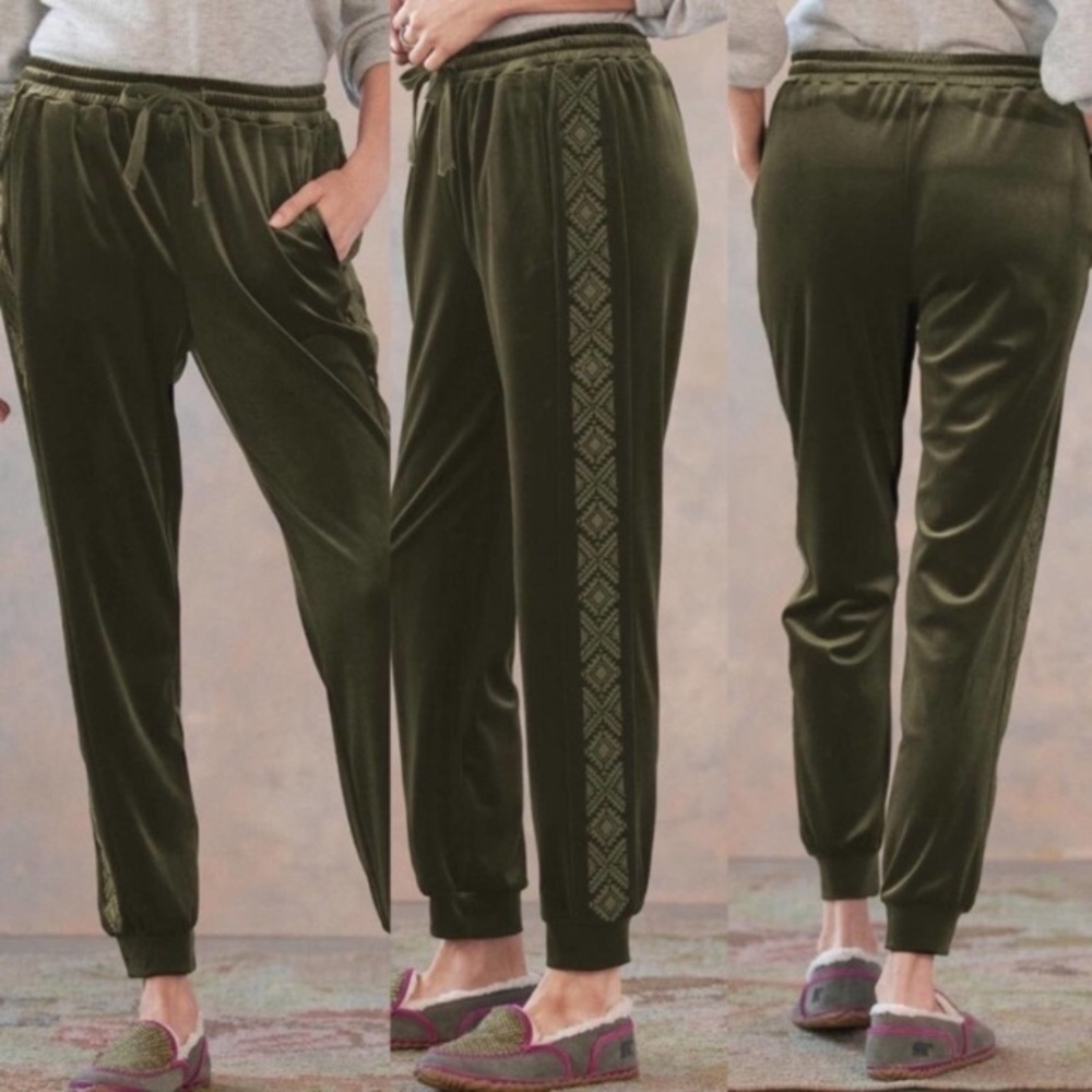 Driftwood Green Velvet Velour Boho Jogger Pants Tribal Tuxedo Stripe Pockets